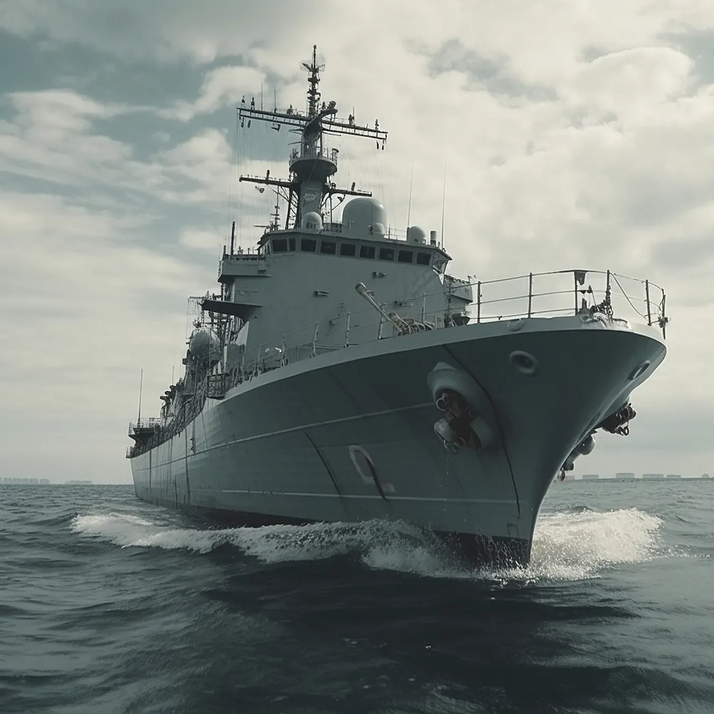 Naval warship under way at sea.